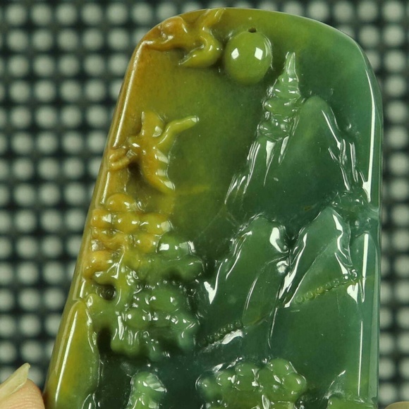Cert'd Yellow 100% Natural A Jade jadeite Pendant Carved Landscape - Picture 2 of 7